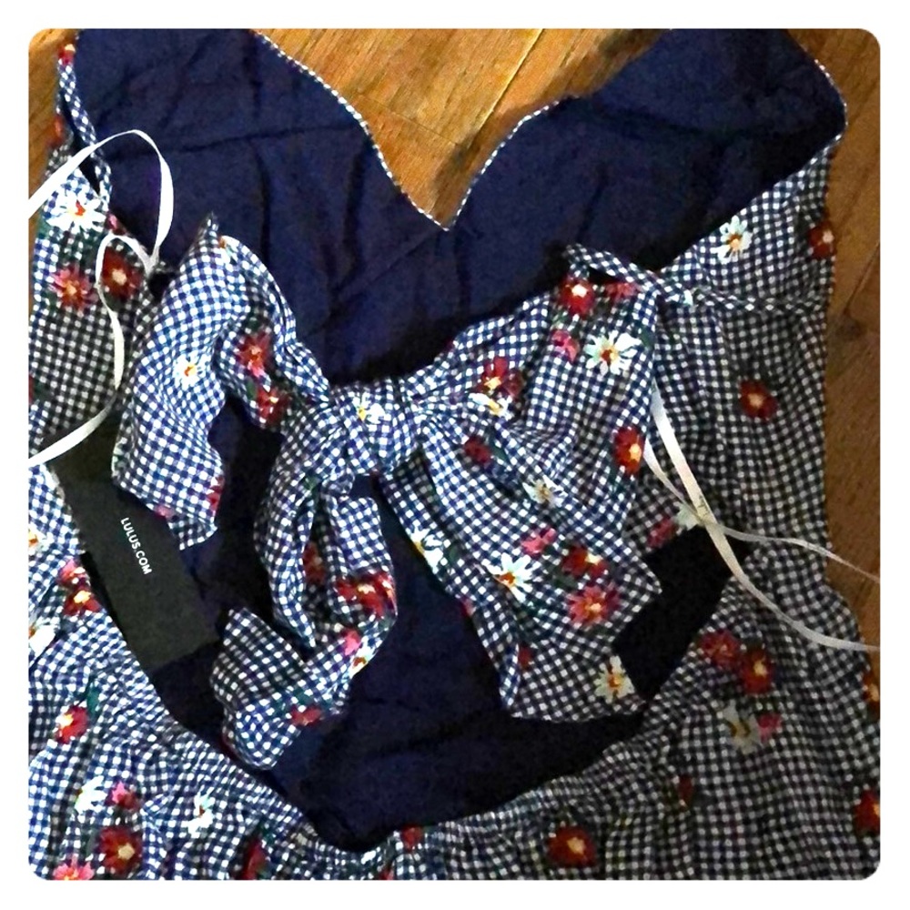 Blue and White Gingham Floral Print Dress